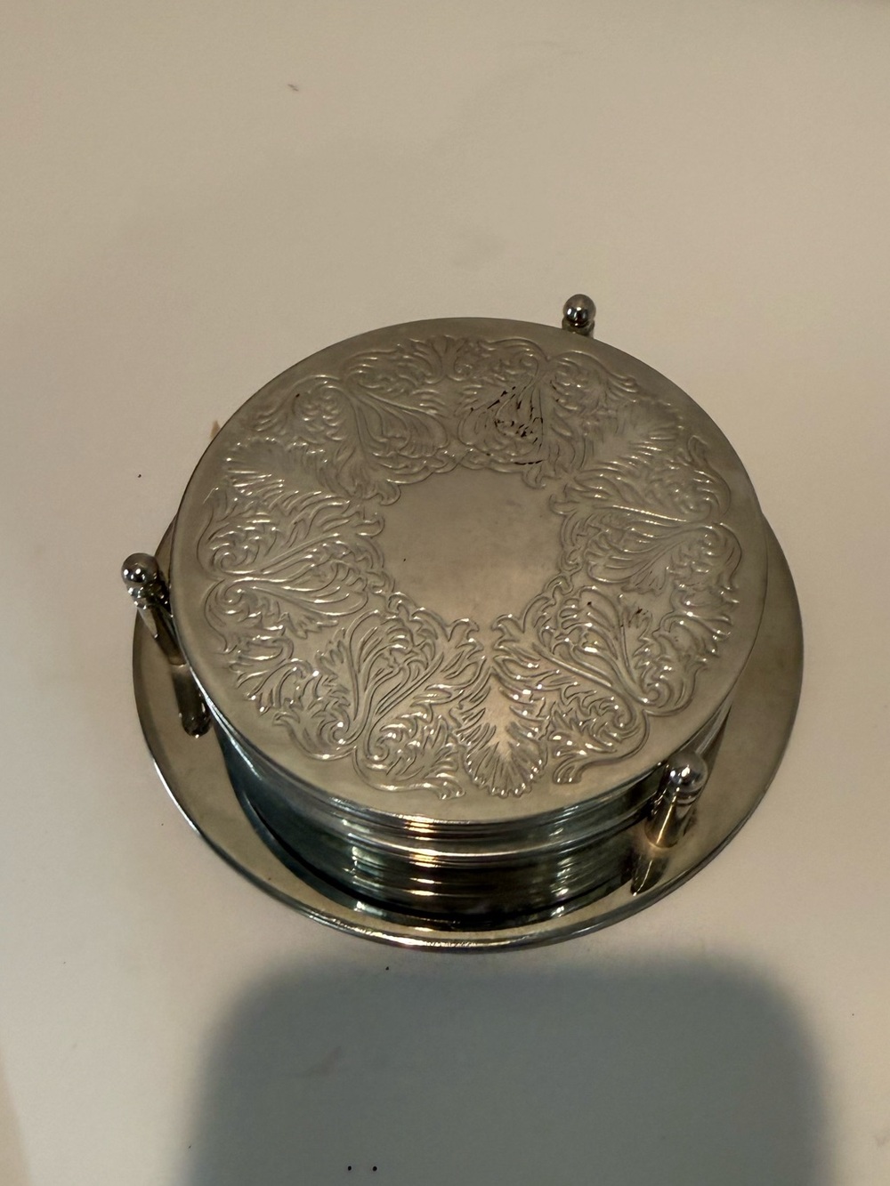 Vintage Set of 6 Silver Plated Coasters with Holder
